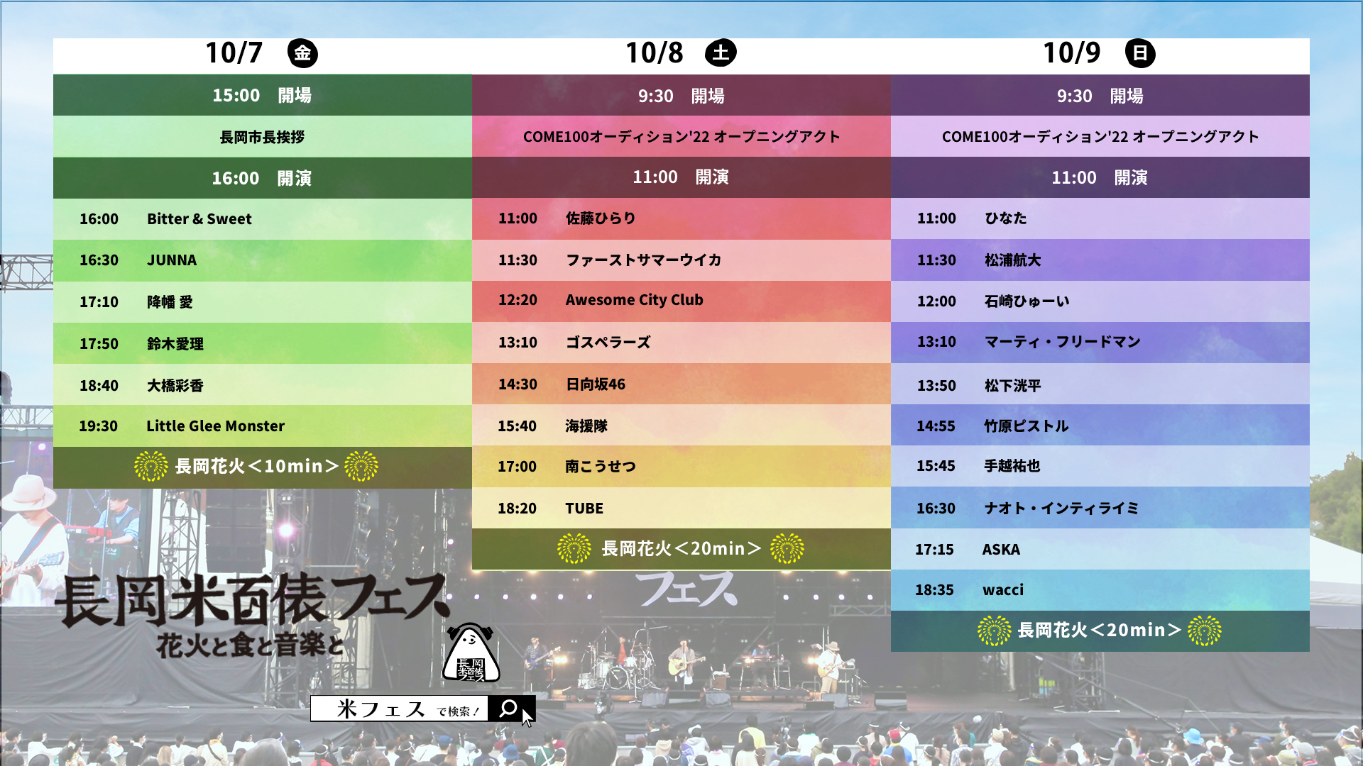 長岡　米百俵フェス　2022 長岡 米百俵フェス 〜花火と食と音楽と〜 2022 」タイムテーブル公開